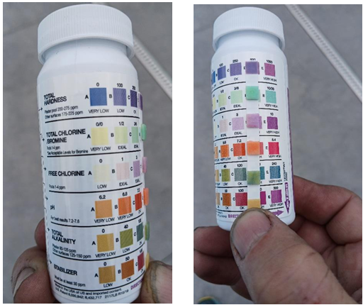 Swimming testing strips showing high hard water levels